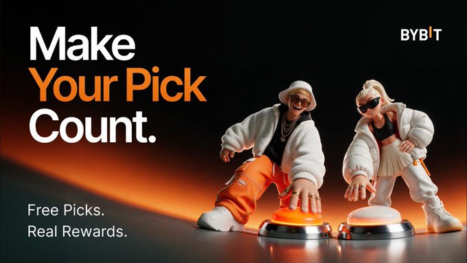 A promotional advertisement for BYBIT with the text 'Make Your Pick Count' and 'Free Picks. Real Rewards.', featuring two stylized people pressing large orange and white buttons.