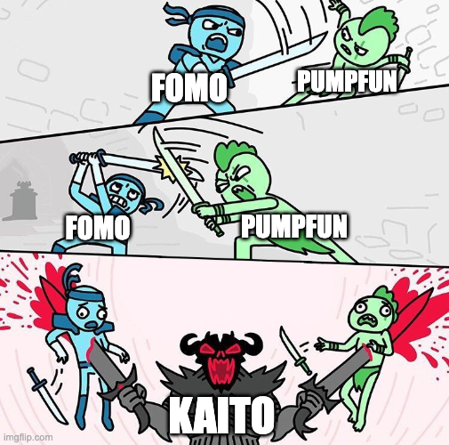 This meme depicts FOMO and Pumpfun battling each other, only to be defeated by KAITO, implying that KAITO's new social trading features on X will supersede existing market dynamics.