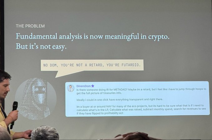 A presentation slide titled "THE PROBLEM: Fundamental analysis is now meaningful in crypto. But it's not easy." featuring a screenshot of a tweet from DineroDom about METADAO and a speech bubble that reads "NO DOM, YOU'RE NOT A RETARD, YOU'RE FUTARDIO."