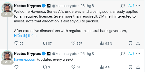 Two tweets from Kostas Kryptos (@kostascrypto) promoting 'Havenex' Series A funding round and the website havenex.com.