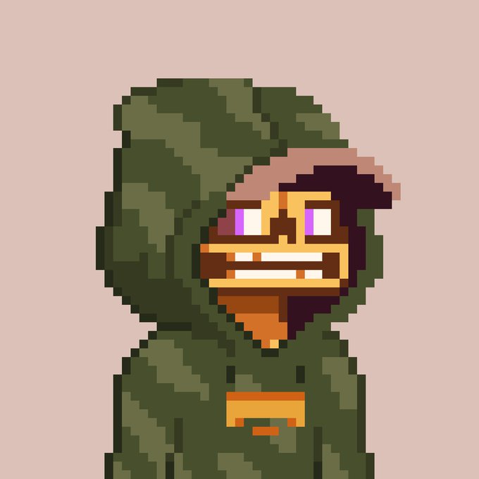A pixel art style illustration of a figure in a green hooded outfit with glowing purple eyes and an orange face covering, set against a pink background.
