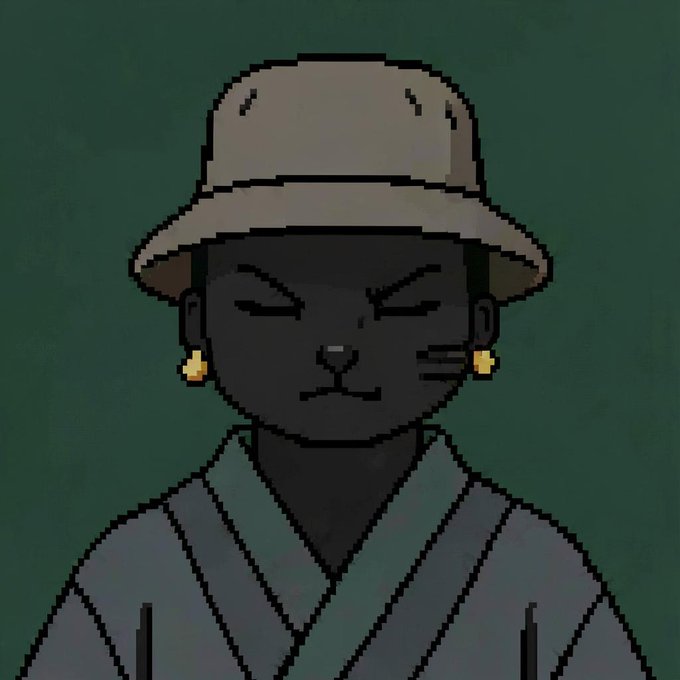 A pixel art portrait of a black cat wearing a tan bucket hat and a blue-green robe, with closed eyes and gold earrings, set against a dark green background. The serene feline character visually represents the "AI-generated pixel cat" NFT minted on Ritual as Token #9 of The Siggy collection.