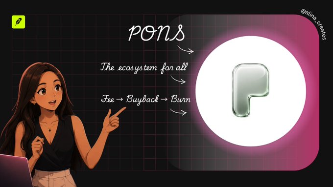 An animated graphic explains 'PONS', describing it as 'The ecosystem for all!' with the text 'Fee → Buyback → Burn', pointing to a silver 'P' logo, credited to '@alina_creates'.