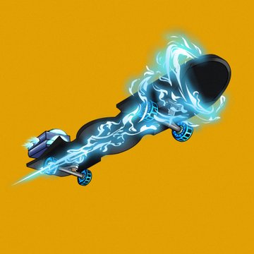 Stylized digital artwork of a character wrapped in a dark hooded cloak, surrounded by glowing blue energy, posed in mid-air against an orange background.