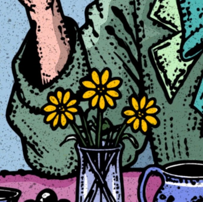 Colorful stylized illustration of three yellow flowers in a glass vase, surrounded by green leaves and a blue teapot on a pink tabletop.
