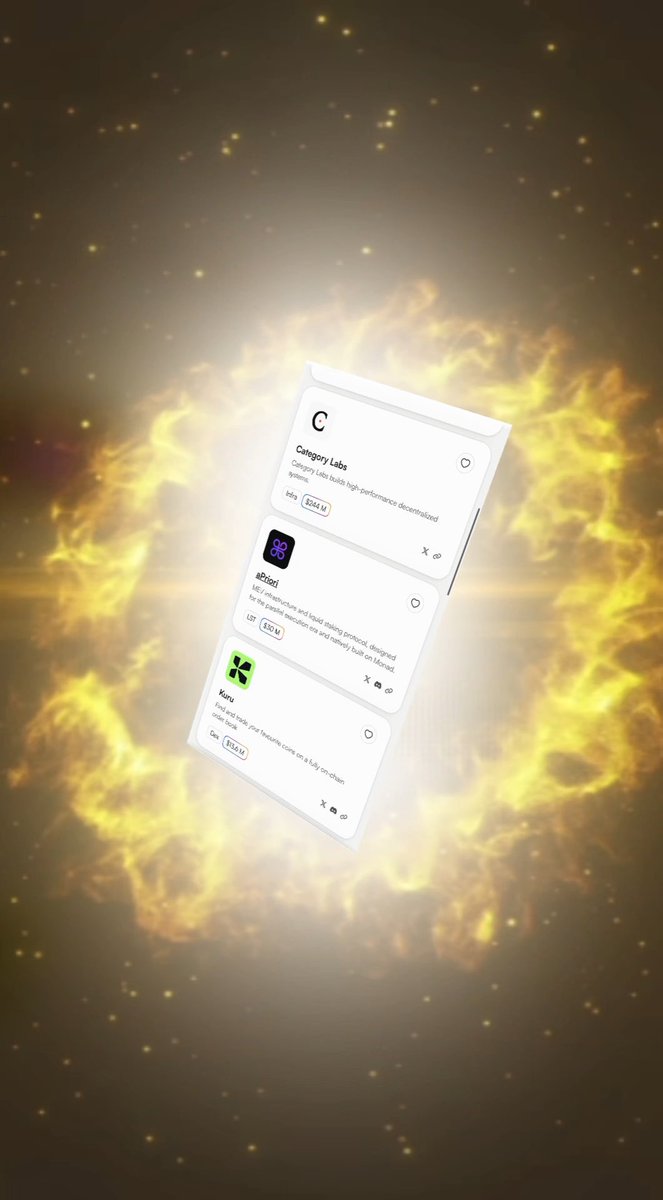 Three floating UI cards display Solana ecosystem projects—"Category Labs", "atomi", and "Kuru"—set against a glowing fiery golden background.