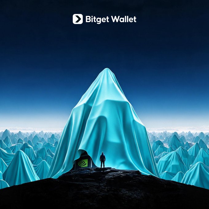 A surreal promotional image for "Bitget Wallet" shows a massive mountain covered in a cyan cloth, with a tiny figure standing before it and many similar cloth-covered peaks stretching into the distance.