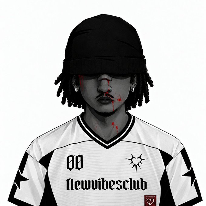 A digital illustration of a person with a black beanie, braided hair, and a white and black 'newvibesclub' jersey, with red streaks resembling blood on their face.