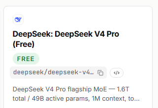 The image shows a listing for "DeepSeek: DeepSeek V4 Pro (Free)" on OrcaRouter, featuring a 1.6T total / 49B active parameter MoE model with 1M context. It corresponds to one of the three free models highlighted in the post that users can access on orcarouter.ai.