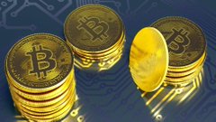 Stacks of gold Bitcoin physical coins are displayed on a blue circuit-board patterned surface.