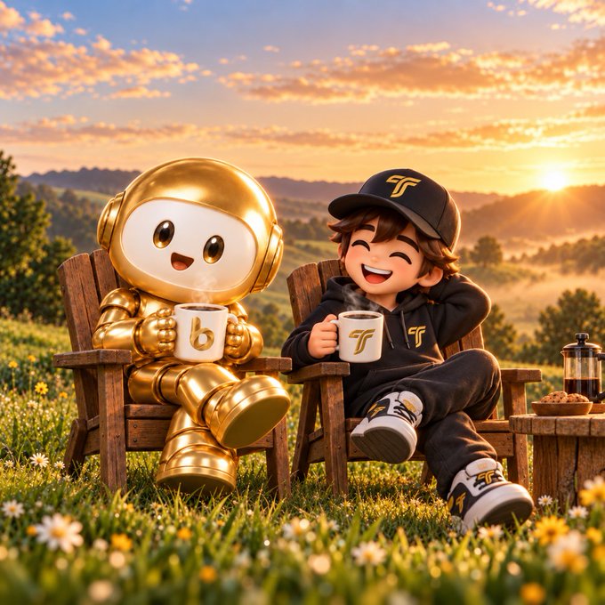 A 3D animated illustration of a golden robot and a young boy wearing a cap, both happily drinking from mugs in a flower field at sunset.
