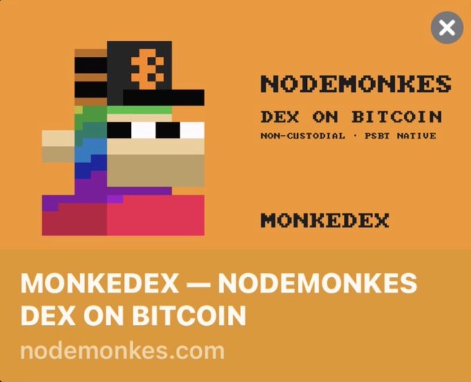 An advertisement banner for 'MONKEDEX — NODEMONKES DEX ON BITCOIN' featuring a pixelated character logo and the website nodemonkes.com.