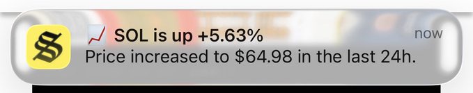 The image shows a close-up view of an email notification that reads, "Price increased to $64.88 in the last 24 hours". The message also mentions the word "sol" which appears to be an app or an email client related to solar power. The notification text is displayed on a gray background against white lines and is aligned with the bottom right corner of the image.