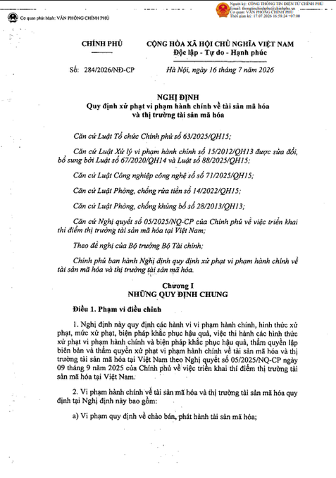 An official Vietnamese government document (Nghị định số 284/2026/NĐ-CP) from the Government Office, dated July 16, 2026, regarding penalties for administrative violations in cryptography and cybersecurity.