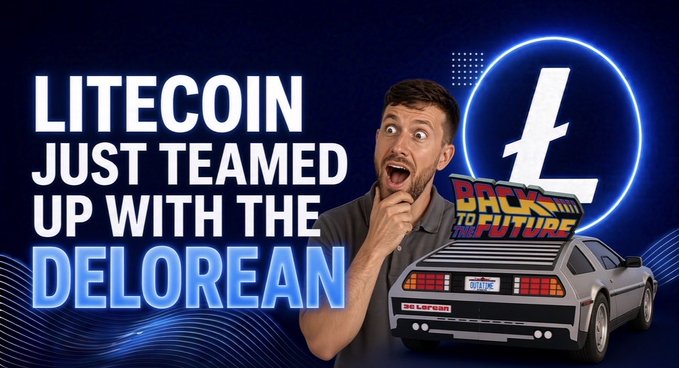 A YouTube-style thumbnail showing a surprised man next to a Delorean car, with text reading 'LITECOIN JUST TEAMED UP WITH THE DELOREAN' and the Litecoin 'L' logo.