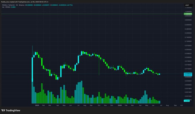 A TradingView weekly candlestick chart for PEPE/USDT on Binance shows a peak around mid-2024 followed by a long downtrend, with the price near 0.0000093.