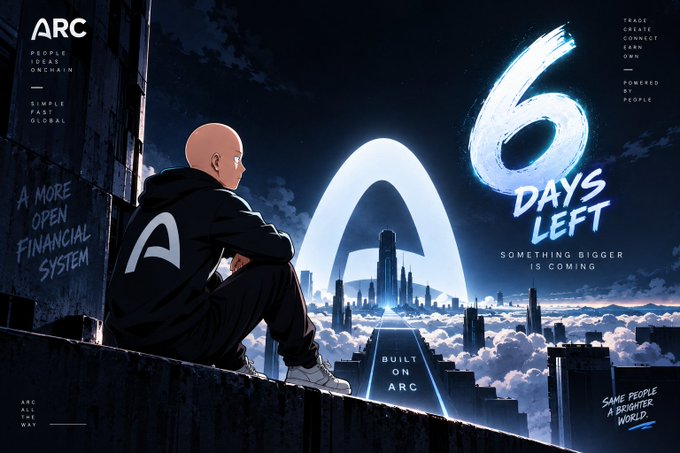 An anime-style illustration shows a bald figure in a black hoodie sitting on a rooftop overlooking a futuristic city, with text reading 'ARC', 'A MORE OPEN FINANCIAL SYSTEM', '6 DAYS LEFT', 'SOMETHING BIGGER IS COMING', and 'BUILT ON ARC'.