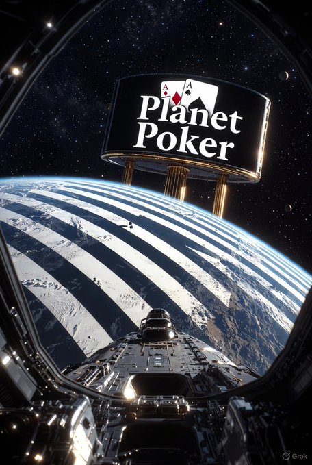 A space-themed digital artwork showing a spacecraft viewing a striped planet, with a floating billboard displaying 'Planet Poker' and two aces, branded with a 'Grok' watermark.
