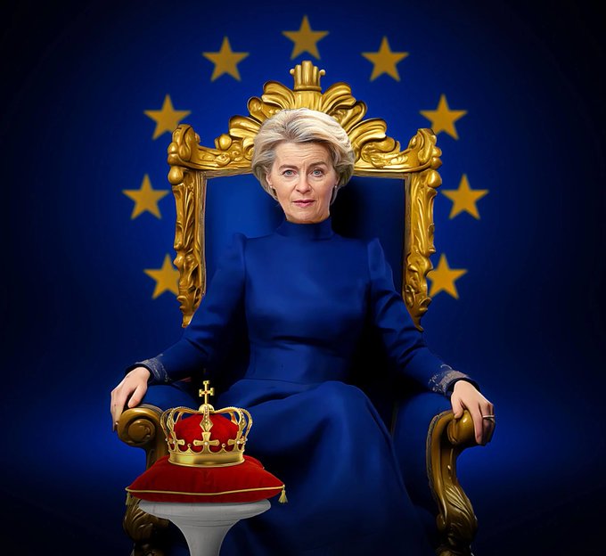 A stylized AI-generated portrait of European Commission President Ursula von der Leyen seated on an ornate golden throne against a backdrop of the EU flag's circle of stars, with a crown resting on a red cushion beside her.