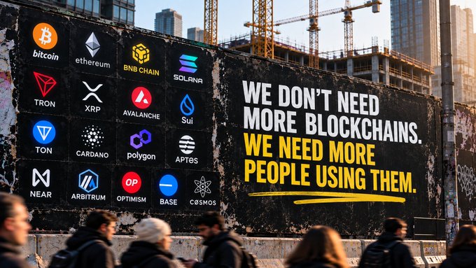 A street billboard displaying various cryptocurrency logos including Bitcoin, Ethereum, BNB Chain, Solana, Tron, XRP, Avalanche, Sui, TON, Cardano, Polygon, Aptos, Near, Arbitrum, Optimism, Base, and Cosmos, alongside the message "WE DON'T NEED MORE BLOCKCHAINS. WE NEED MORE PEOPLE USING THEM."