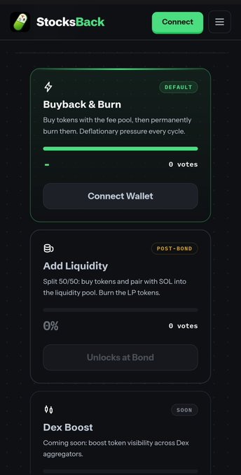 A mobile interface for 'StocksBack' displaying three token utility options: 'Buyback & Burn' (Default), 'Add Liquidity' (Post-Bond, locked at 0%), and 'Dex Boost' (Coming Soon).