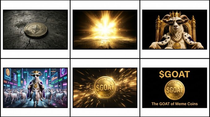 A six-panel collage illustrates the "GOAT" meme coin narrative, showing a coin on cracked earth, a golden explosion, a crowned goat labeled "LEGENDS" and "GOAT," a goat leader with neon city billboards, and two "$GOAT – The GOAT of Meme Coins" logos, visually chronicling the coin's rise from humble origins to meme royalty.