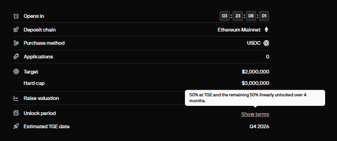 A dark-themed project launch details page showing a countdown of '03:23:06:01', a Target of $2,000,000, a Hard cap of $3,000,000, USDC purchase method, Ethereum Mainnet deposit chain, and an estimated TGE date of Q4 2026.