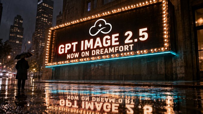 A cinematic nighttime street scene features a large illuminated marquee sign reading "GPT IMAGE 2.5 NOW ON DREAMFORT" with the Dreamfort cloud logo above it, while a lone figure with an umbrella stands on a wet, rain-slicked pavement that reflects the glowing text. The poster serves as the self-generated launch announcement for GPT Image 2.5 on Dreamfort.ai, showcasing the model's ability to render coherent, accurate typography in a single prompt.