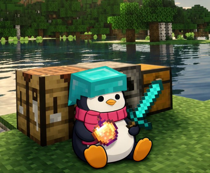 A Minecraft-themed illustration of a cute penguin wearing a diamond helmet and pink scarf, holding a diamond sword and golden apple, sitting next to a chest near a lake.