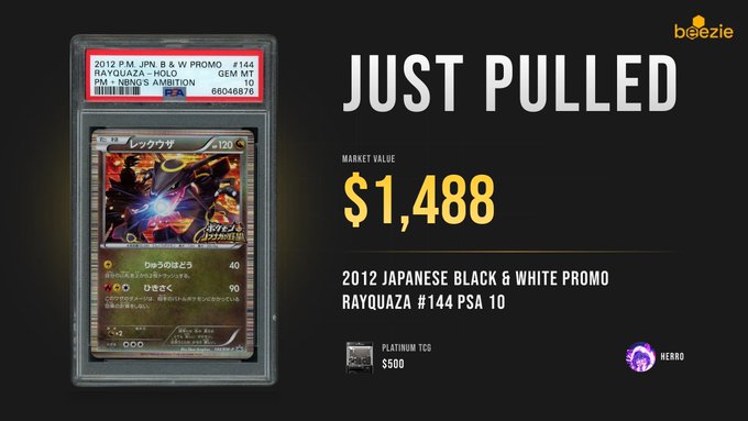 A PSA 10 graded 2012 Japanese Pokémon Black & White Promo Rayquaza card #144, just pulled with a market value of $1,488, complements the "Bangers every single day" caption by showcasing another impressive, high-value card pulled by @Beezie.