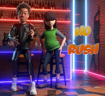 A 3D animated scene featuring two characters sitting in a bar with neon lighting, with bold orange and yellow text reading 'NO RUSH' and a parental advisory explicit content label.