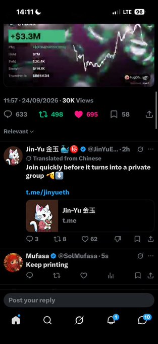 A Twitter/X post showing a token chart with '+ $3.3M' profit, with a reply from 'Jin-Yu 金玉 @JinYuE...' saying 'Join quickly before it turns into a private group' and Mufasa commenting 'Keep printing'.