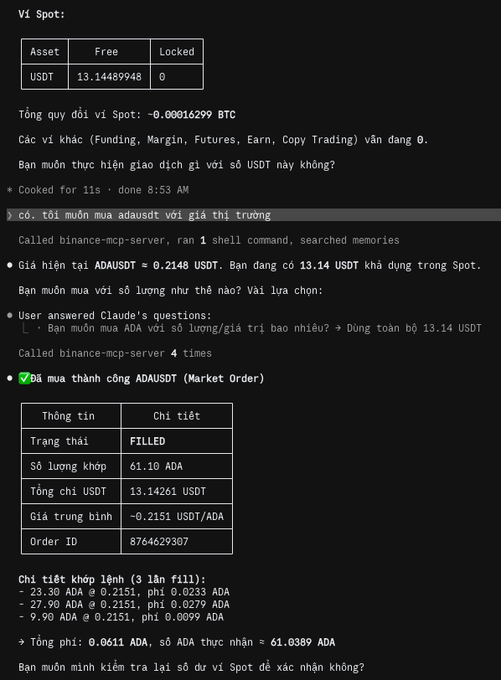 A dark-themed terminal interface in Vietnamese showing a Binance Spot trading transaction that successfully purchased 61.10 ADA using 13.14 USDT at an average price of 0.2151 USDT/ADA.