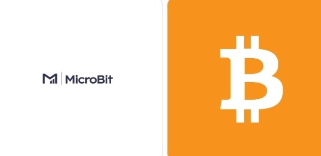 The image features the MicroBit logo alongside a large Bitcoin symbol on an orange background, visually representing the company's new Hong Kong Bitcoin and gold ETF launch on the HKEX that combines two scarce assets for institutional investors.