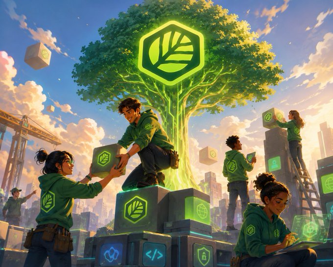 A vibrant digital illustration showing people in green hoodies with leaf logos working together around a glowing tree with a hexagonal leaf emblem, surrounded by floating cubes against a sunset sky.
