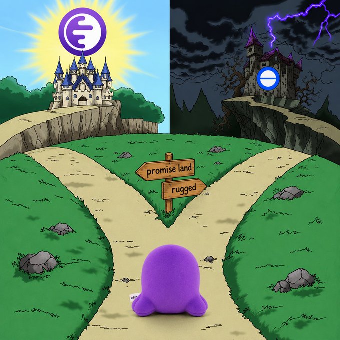 Illustration of a purple character facing a crossroads with signs reading 'promise land' and 'rugged', with a sunny castle path on the left and a dark stormy castle path on the right.