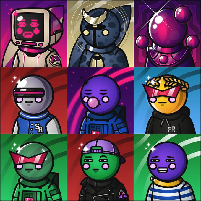 The image features a grid with nine cartoon characters wearing different colored shirts and hats standing next to each other. The characters are arranged in a 3x3 grid, showcasing their unique styles and personalities. The colors of the characters' outfits range from blue to purple, green, yellow, black, red, pink, white, and gray. The post about coffee being a total boss is related to this image as it features one of the cartoon characters dressed in a shirt with "coffee" written on it. This character could be an engineer or a member of the team at Abstract Chain who holds the title of "@SpaceRidersXYZ."