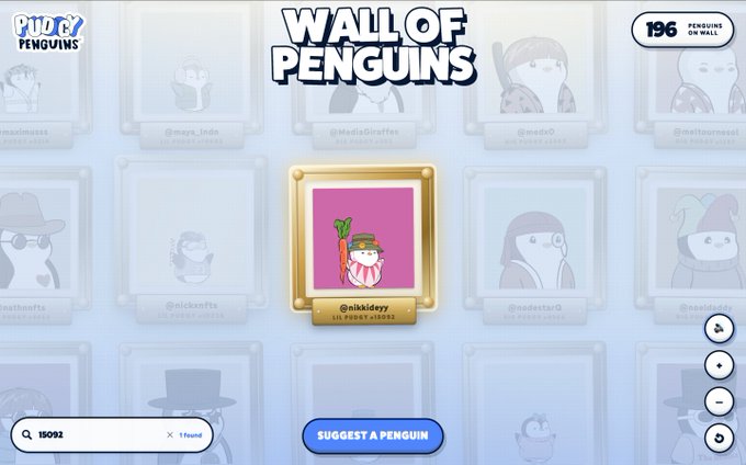 A "Wall of Penguins" page from Pudgy Penguins displays 196 penguins, with the user's penguin "@nikidev" (NFT #16092) featured prominently in the center on a gold frame, highlighting their place within the community as mentioned in the accompanying post.