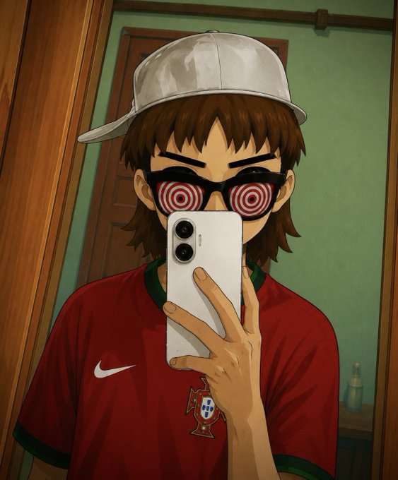 An anime-style mirror selfie of a character wearing a backwards white cap, hypnotic red spiral sunglasses, and a red Nike Portugal soccer jersey, taking the photo with a white smartphone. The "dangerous" morning energy matches the tripped-out spiral shades giving off chaotic "GM" vibes.