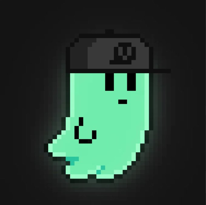 A pixel art ghost character in pale green with a dark cap, displayed against a black background, featuring a small smile and what appears to be a cigarette.