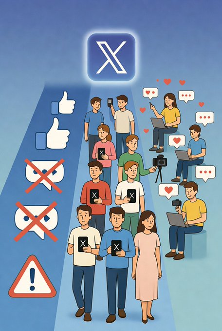 An illustrated graphic depicting X (Twitter) users with the platform's logo, showing social media engagement icons including thumbs up, hearts, and crossed-out eyes representing restrictions or bans.