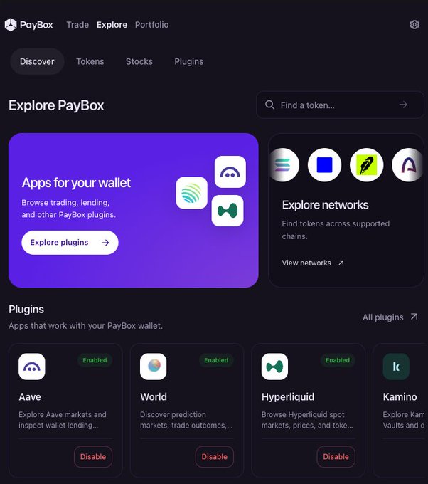 A screenshot of the PayBox cryptocurrency wallet 'Explore' page, featuring a search bar, an 'Apps for your wallet' section, and enabled plugins like Aave, World, Hyperliquid, and Kamino.