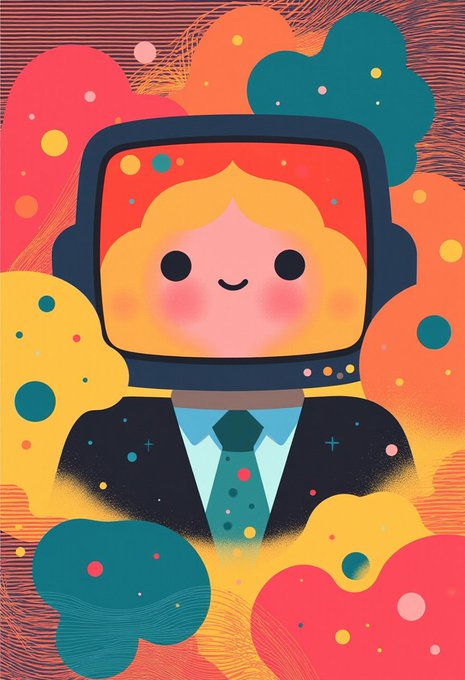 A colorful digital illustration of a character with blonde hair and a smiling face displayed on a television monitor for a head, wearing a suit and tie against an abstract background.