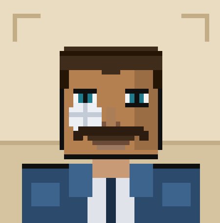 A pixel art portrait of a bearded man with brown hair, a bandage over one eye, and blue eyes wearing a blue denim jacket.