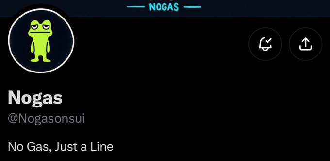 A social media profile for 'Nogas' (@Nogasonsui) featuring a green frog logo and the tagline 'No Gas, Just a Line'.