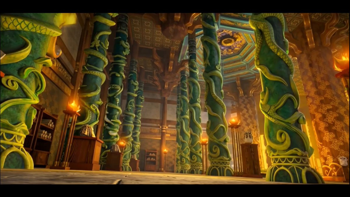 The image shows an interior of a building with green pillars, possibly resembling ancient Egyptian architecture. The room features a large archway that spans across the scene, creating a sense of grandeur. There are several columns throughout the space, some adorned with intricate designs or patterns. A few people can be seen in the background, but they appear to be more focused on their surroundings than interacting with each other. The image is related to the post because it features an advertisement for a game called "DOPE Card Drop", which could potentially be a part of the gaming experience within this unique setting.
