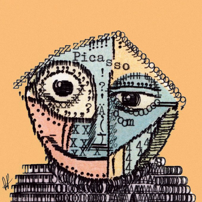 A stylized, cubist-inspired illustration of a face with mismatched eyes, where various letters, numbers, and typographic symbols form the facial features, with the name "Picasso" prominently displayed across the forehead against an orange background.