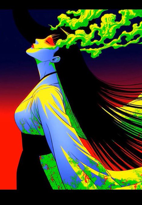 Vibrant anime-style digital art featuring a woman with flowing long black hair, wearing a colorful kimono with red makeup, set against a red and blue background with green smoke effects.