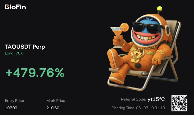 The image features a cartoon character wearing an orange jumpsuit with sunglasses and holding a drink. The character appears to be sitting in a chair, possibly on a beach or poolside setting. The background of the image is black, which contrasts with the colorful character and makes it stand out. The post includes text that reads "TAO.USDT Perp Long 70DSTP", indicating an advertisement for a cryptocurrency called TaousdT.
