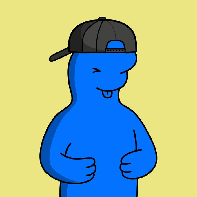 A cartoon illustration of a blue blob-like character wearing a black baseball cap backwards, smiling with closed eyes and tongue slightly out, against a pale yellow background.